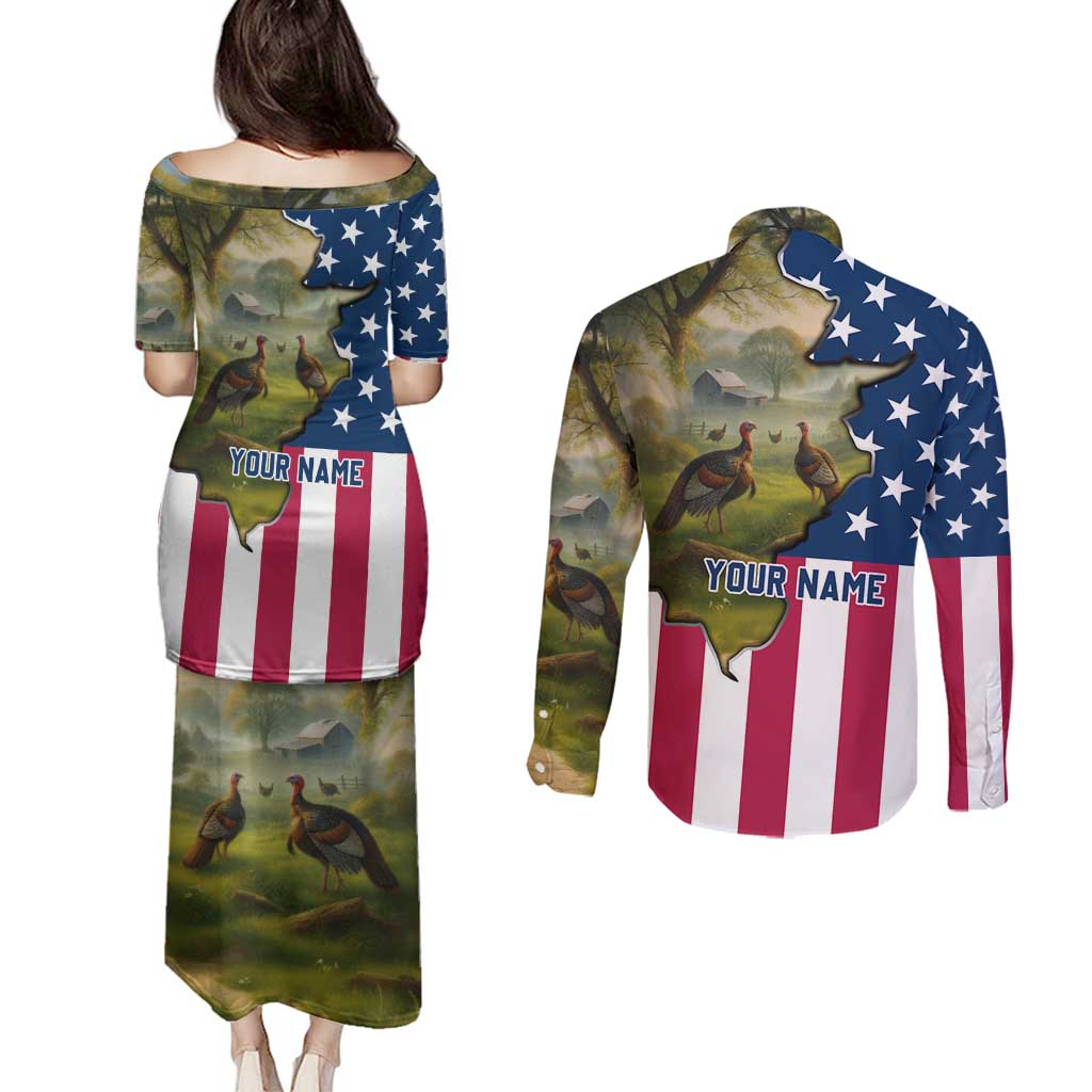 Custom American Flag Turkey Hunting Couples Matching Puletasi and Long Sleeve Button Shirt with Illinois State Outline Country Farm Scene - Wonder Print Shop