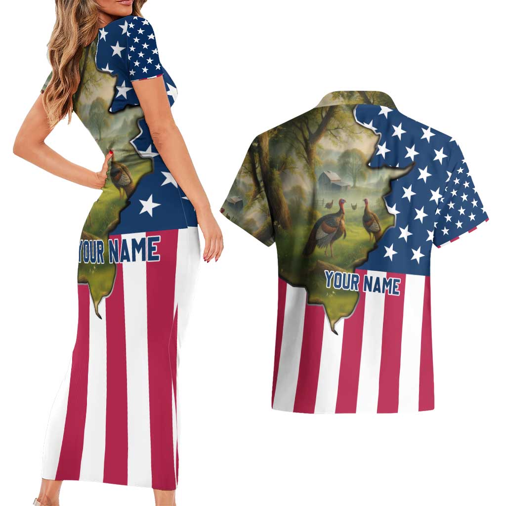 Custom American Flag Turkey Hunting Couples Matching Short Sleeve Bodycon Dress and Hawaiian Shirt with Illinois State Outline Country Farm Scene - Wonder Print Shop