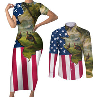 Custom American Flag Turkey Hunting Couples Matching Short Sleeve Bodycon Dress and Long Sleeve Button Shirt with Illinois State Outline Country Farm Scene - Wonder Print Shop