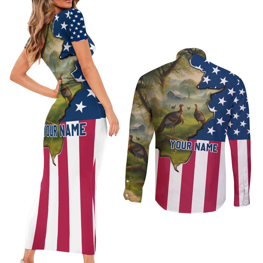 Custom American Flag Turkey Hunting Couples Matching Short Sleeve Bodycon Dress and Long Sleeve Button Shirt with Illinois State Outline Country Farm Scene - Wonder Print Shop