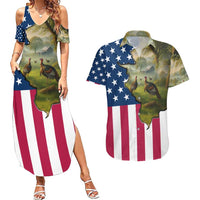 Custom American Flag Turkey Hunting Couples Matching Summer Maxi Dress and Hawaiian Shirt with Illinois State Outline Country Farm Scene - Wonder Print Shop