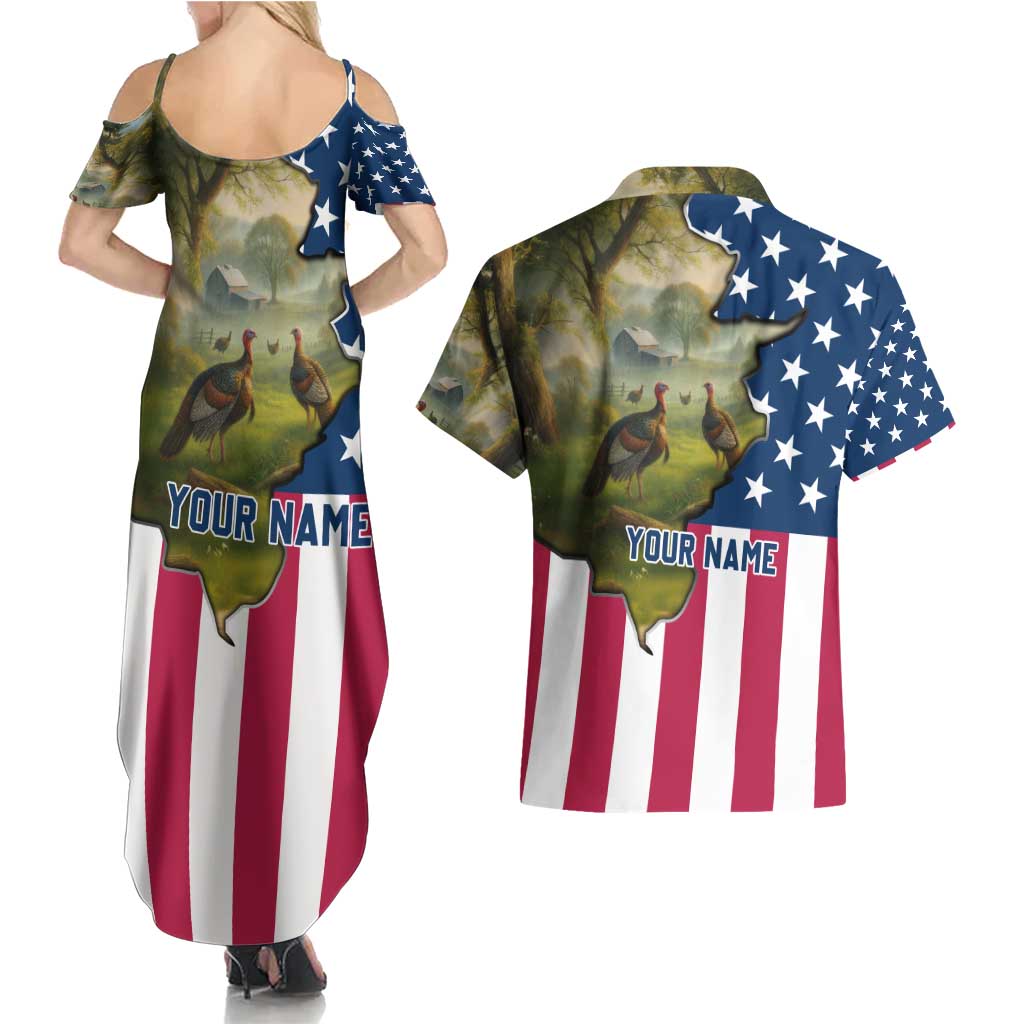Custom American Flag Turkey Hunting Couples Matching Summer Maxi Dress and Hawaiian Shirt with Illinois State Outline Country Farm Scene - Wonder Print Shop