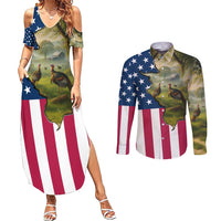 Custom American Flag Turkey Hunting Couples Matching Summer Maxi Dress and Long Sleeve Button Shirt with Illinois State Outline Country Farm Scene - Wonder Print Shop