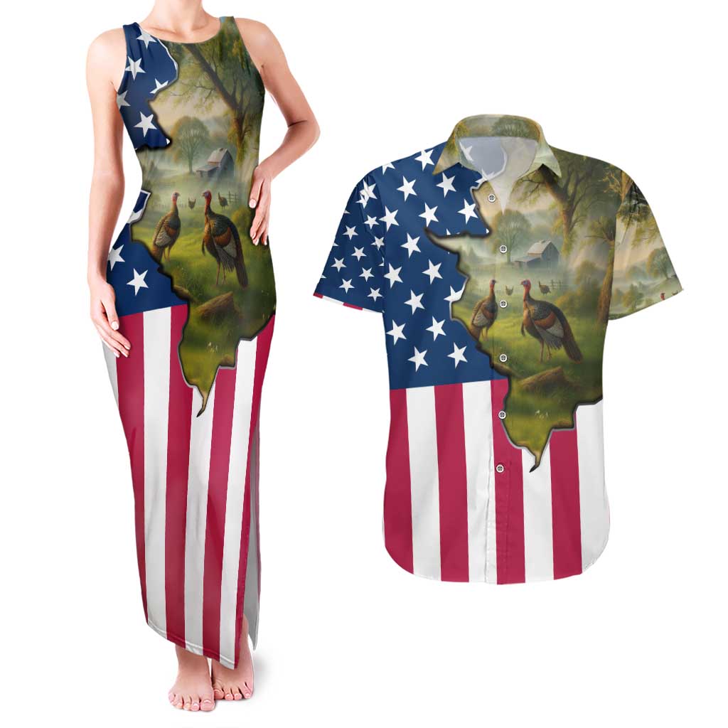 Custom American Flag Turkey Hunting Couples Matching Tank Maxi Dress and Hawaiian Shirt with Illinois State Outline Country Farm Scene - Wonder Print Shop