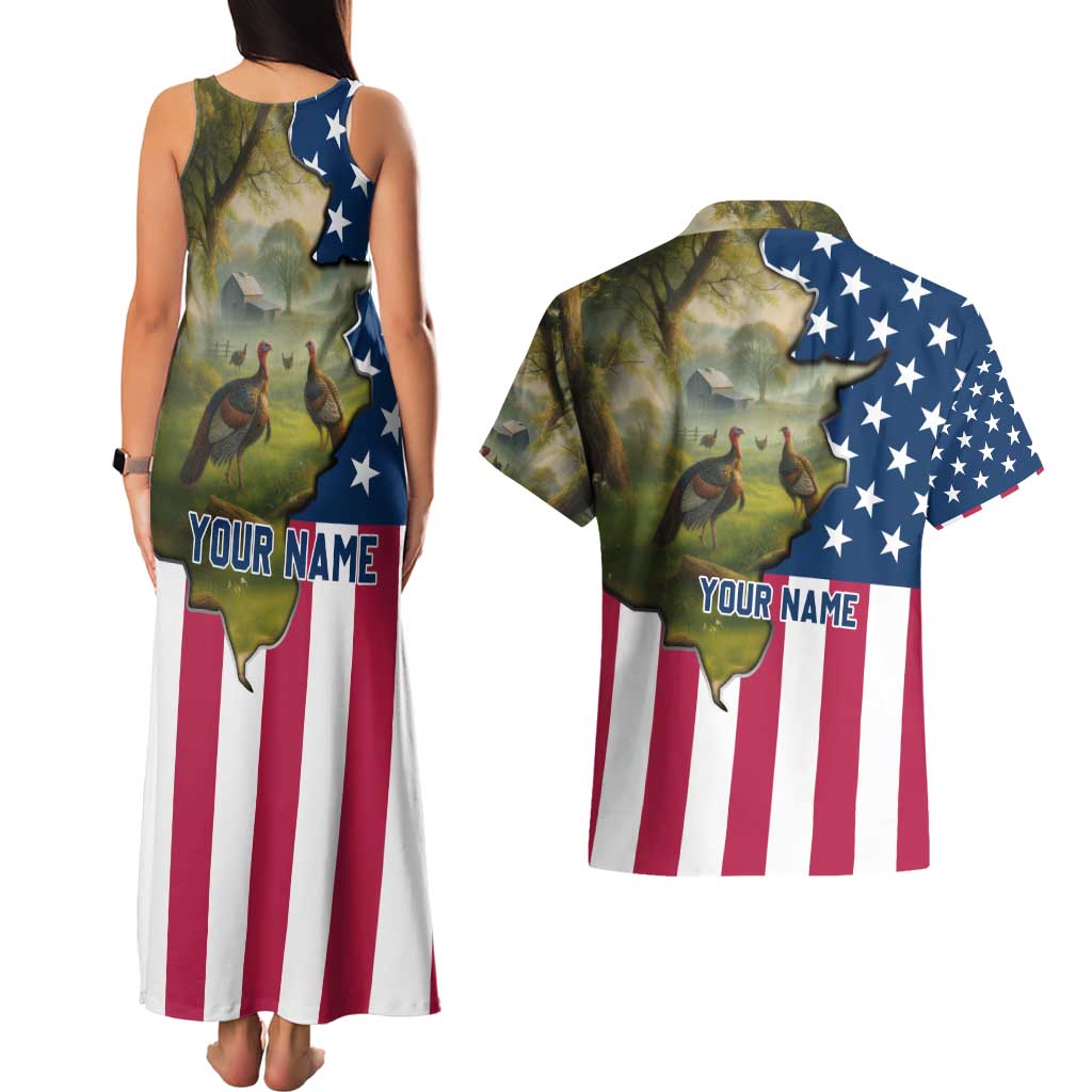 Custom American Flag Turkey Hunting Couples Matching Tank Maxi Dress and Hawaiian Shirt with Illinois State Outline Country Farm Scene - Wonder Print Shop