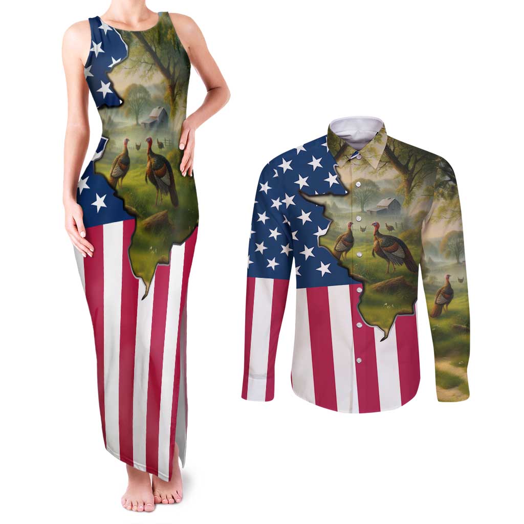 Custom American Flag Turkey Hunting Couples Matching Tank Maxi Dress and Long Sleeve Button Shirt with Illinois State Outline Country Farm Scene - Wonder Print Shop