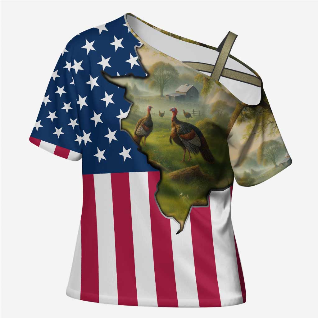 Custom American Flag Turkey Hunting Cross Shoulder Shirt with Illinois State Outline Country Farm Scene - Wonder Print Shop