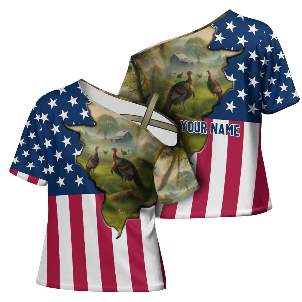 Custom American Flag Turkey Hunting Cross Shoulder Shirt with Illinois State Outline Country Farm Scene - Wonder Print Shop