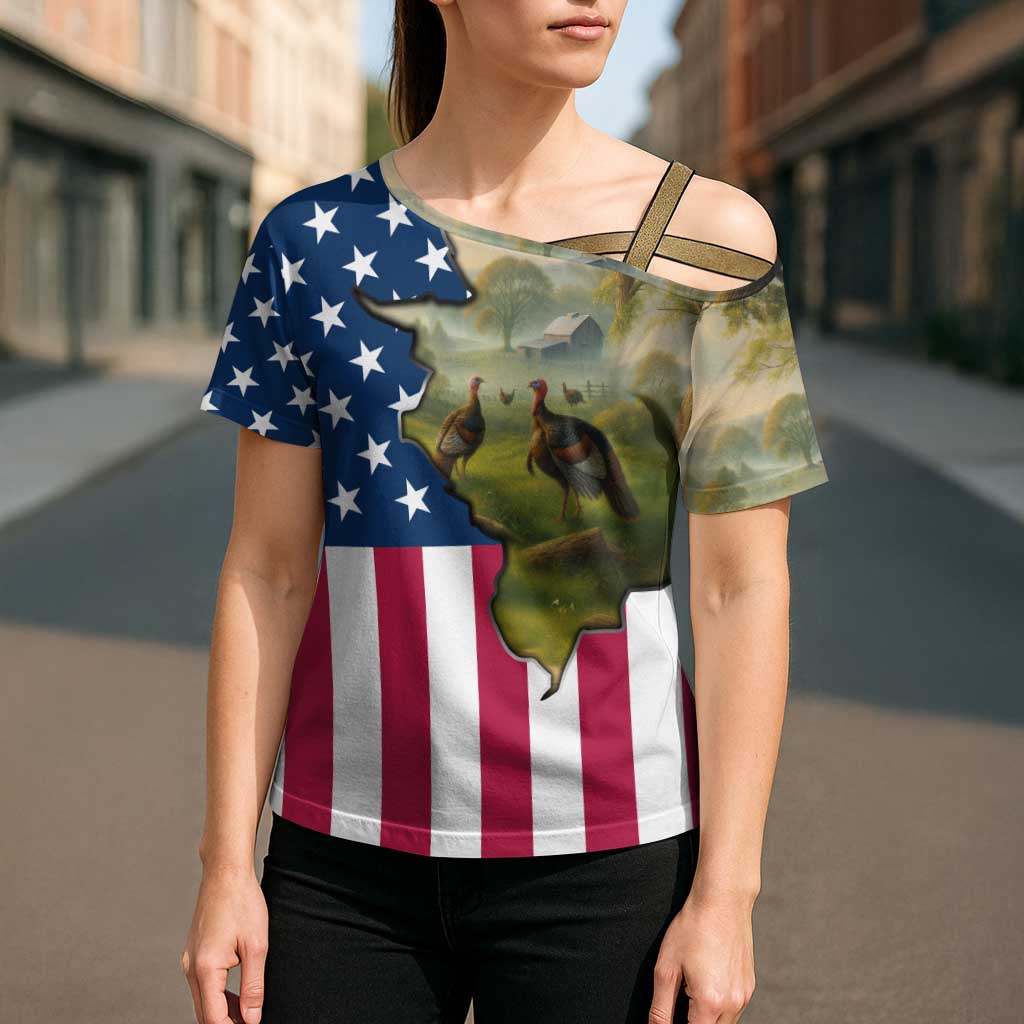 Custom American Flag Turkey Hunting Cross Shoulder Shirt with Illinois State Outline Country Farm Scene - Wonder Print Shop
