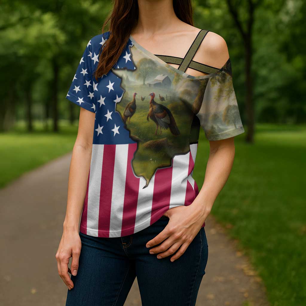 Custom American Flag Turkey Hunting Cross Shoulder Shirt with Illinois State Outline Country Farm Scene - Wonder Print Shop