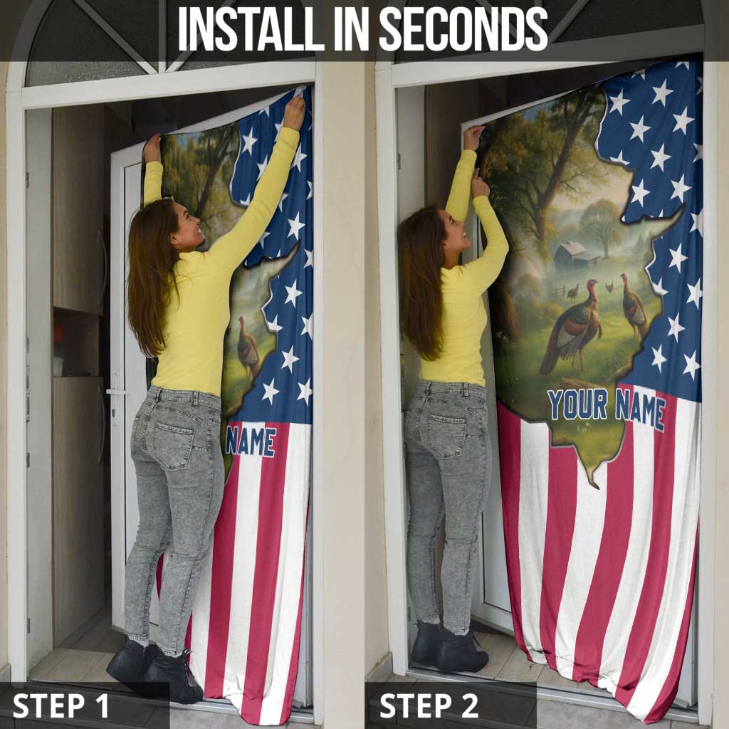 Custom American Flag Turkey Hunting Door Cover with Illinois State Outline Country Farm Scene - Wonder Print Shop