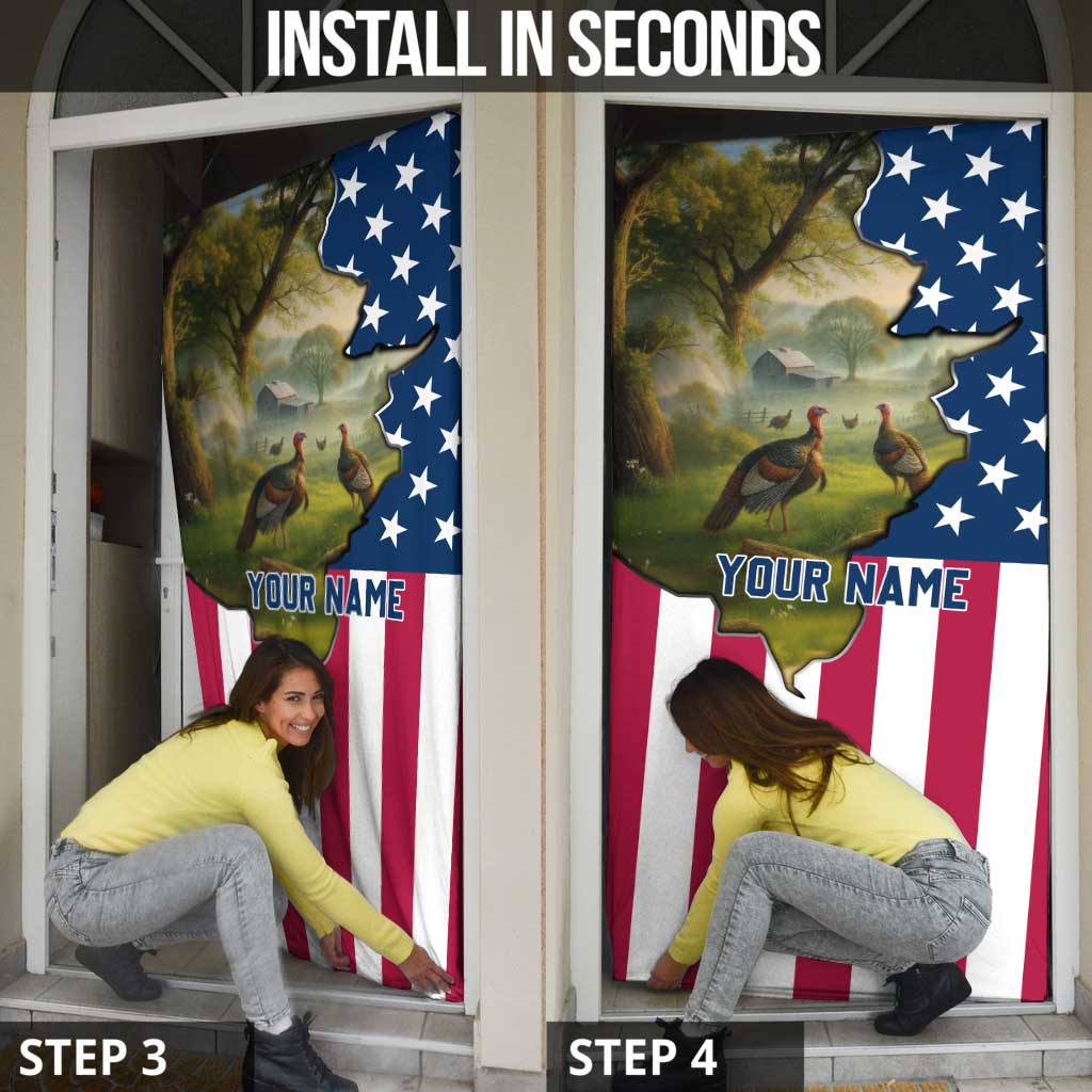 Custom American Flag Turkey Hunting Door Cover with Illinois State Outline Country Farm Scene - Wonder Print Shop