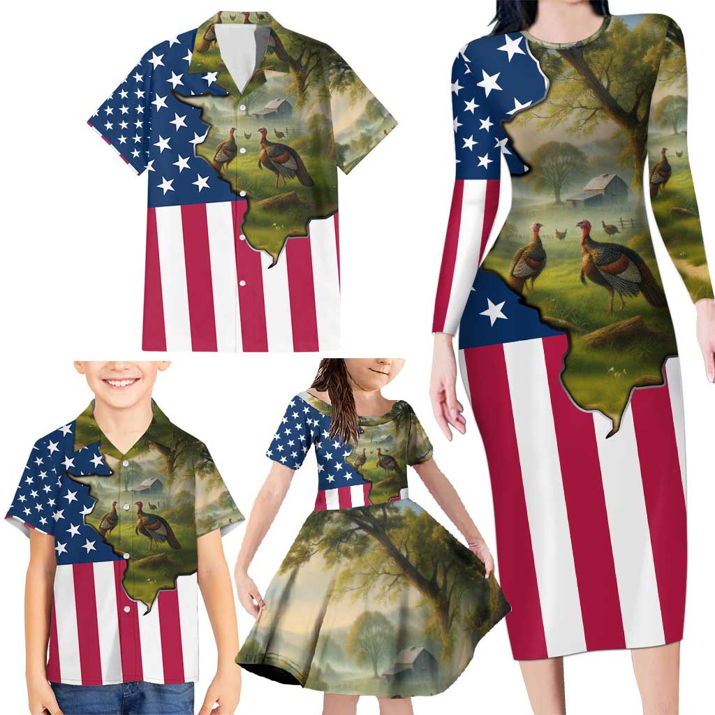 Custom American Flag Turkey Hunting Family Matching Long Sleeve Bodycon Dress and Hawaiian Shirt with Illinois State Outline Country Farm Scene - Wonder Print Shop