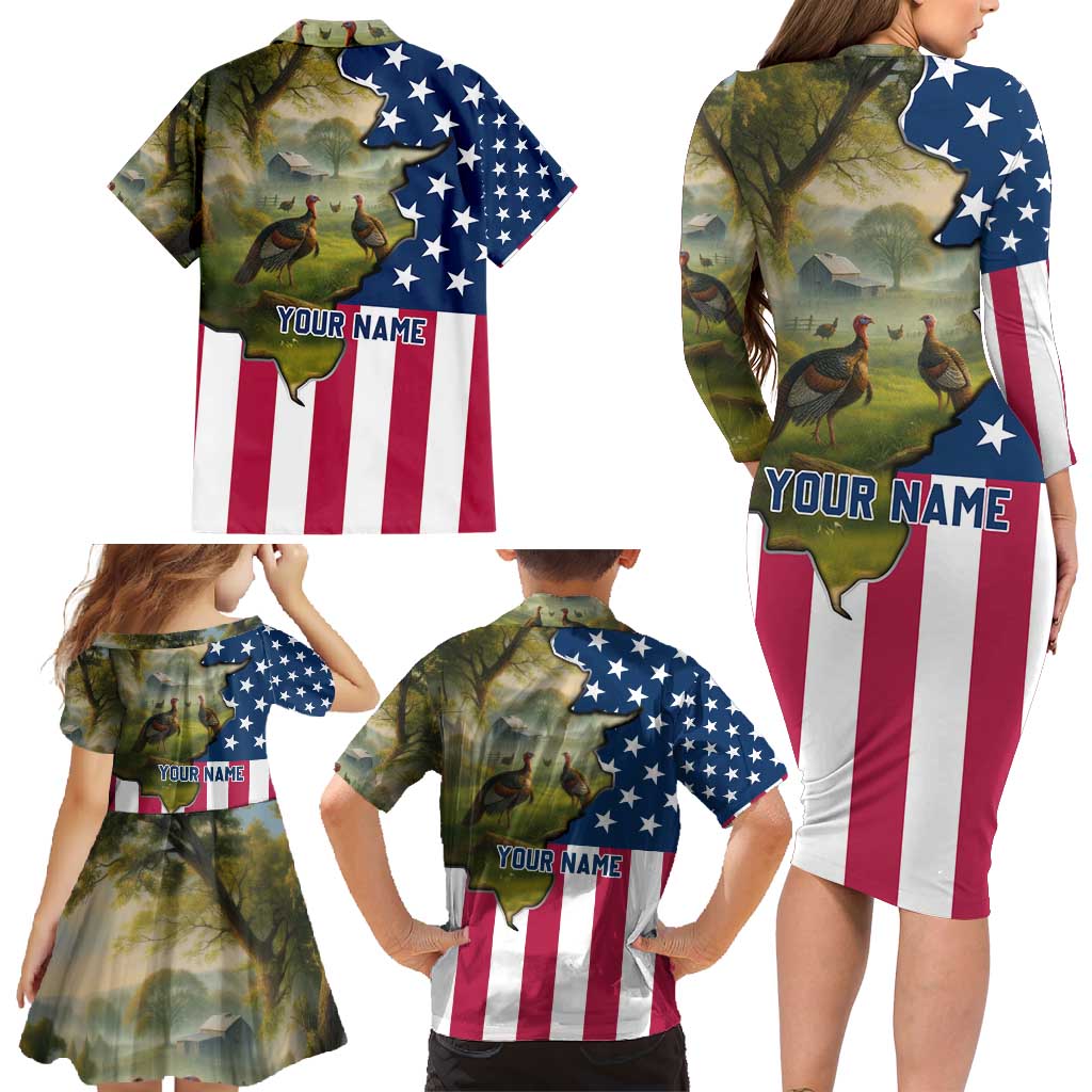 Custom American Flag Turkey Hunting Family Matching Long Sleeve Bodycon Dress and Hawaiian Shirt with Illinois State Outline Country Farm Scene - Wonder Print Shop