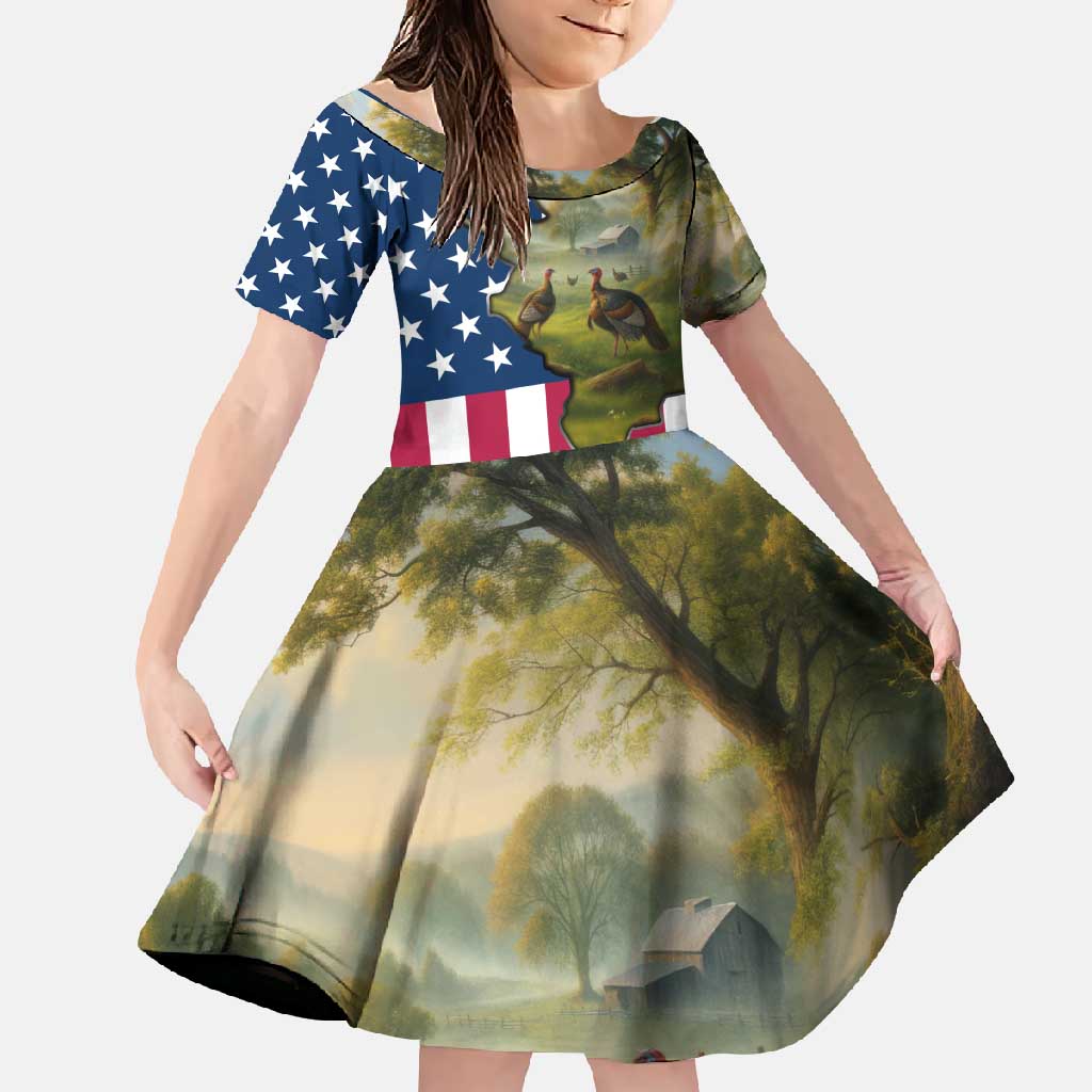 Custom American Flag Turkey Hunting Family Matching Mermaid Dress and Hawaiian Shirt with Illinois State Outline Country Farm Scene - Wonder Print Shop