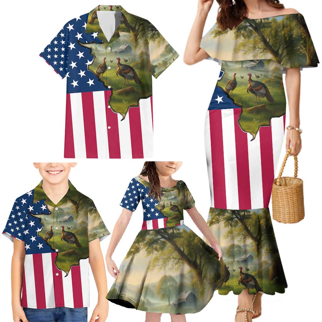 Custom American Flag Turkey Hunting Family Matching Mermaid Dress and Hawaiian Shirt with Illinois State Outline Country Farm Scene - Wonder Print Shop