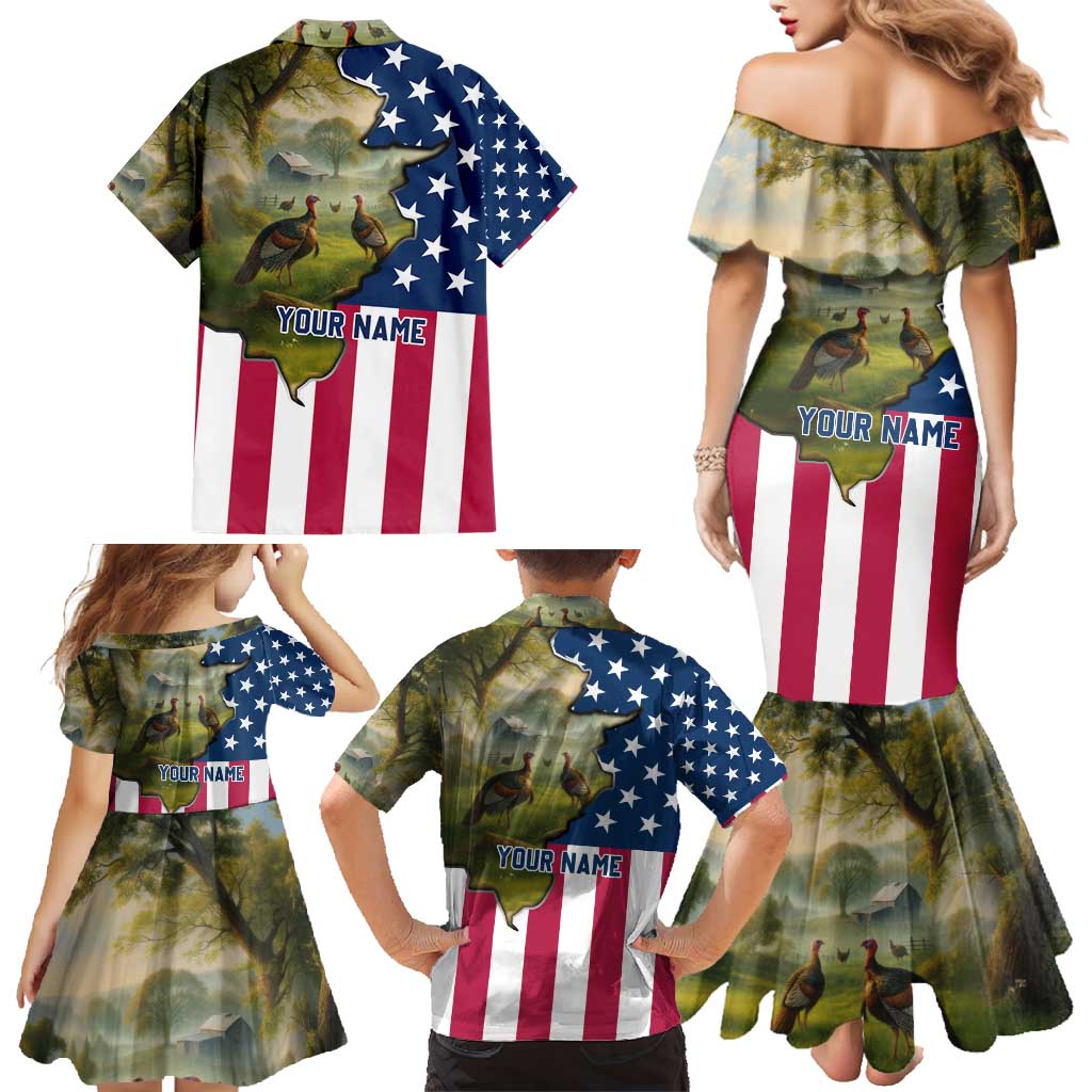 Custom American Flag Turkey Hunting Family Matching Mermaid Dress and Hawaiian Shirt with Illinois State Outline Country Farm Scene - Wonder Print Shop