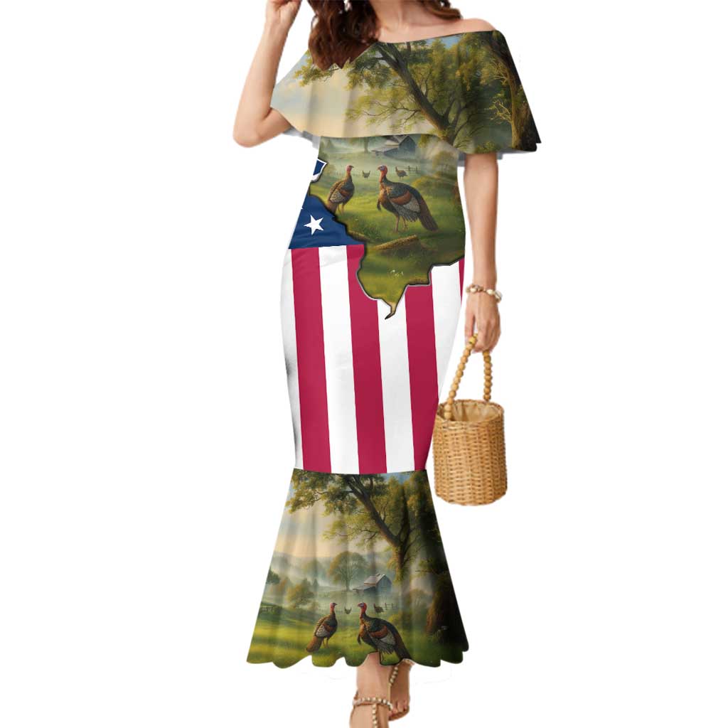 Custom American Flag Turkey Hunting Family Matching Mermaid Dress and Hawaiian Shirt with Illinois State Outline Country Farm Scene - Wonder Print Shop