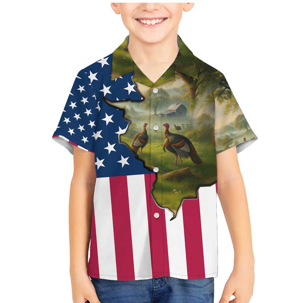 Custom American Flag Turkey Hunting Family Matching Mermaid Dress and Hawaiian Shirt with Illinois State Outline Country Farm Scene - Wonder Print Shop