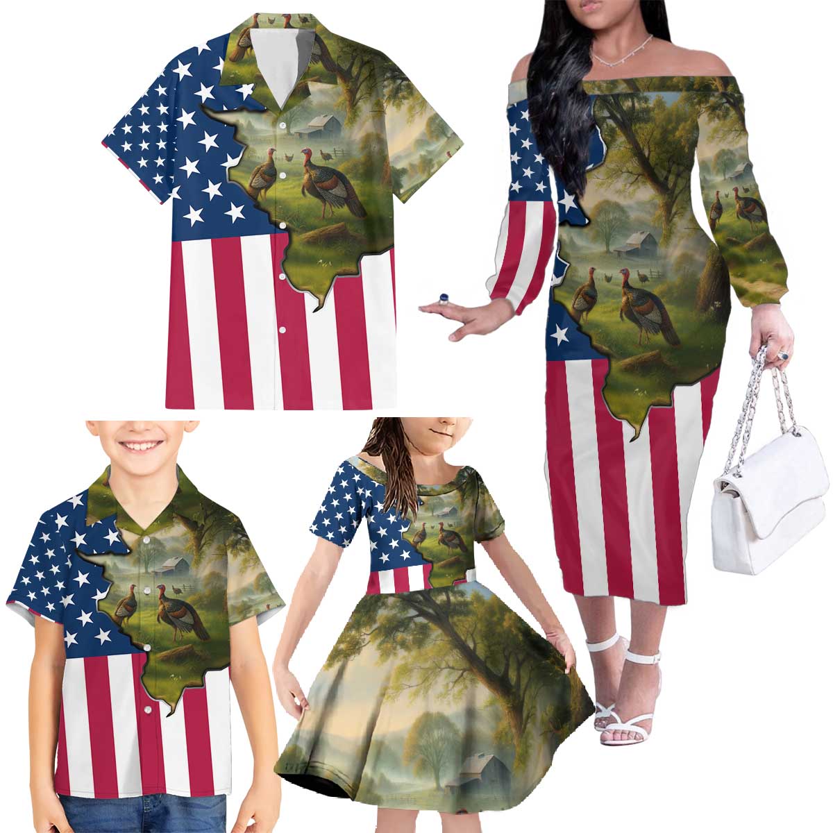 Custom American Flag Turkey Hunting Family Matching Off The Shoulder Long Sleeve Dress and Hawaiian Shirt with Illinois State Outline Country Farm Scene - Wonder Print Shop