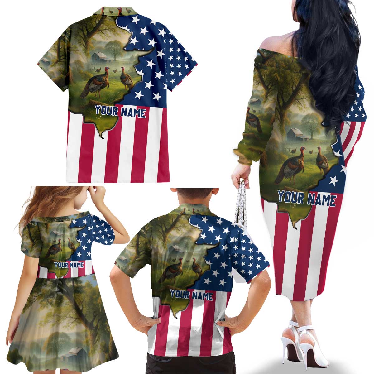 Custom American Flag Turkey Hunting Family Matching Off The Shoulder Long Sleeve Dress and Hawaiian Shirt with Illinois State Outline Country Farm Scene - Wonder Print Shop
