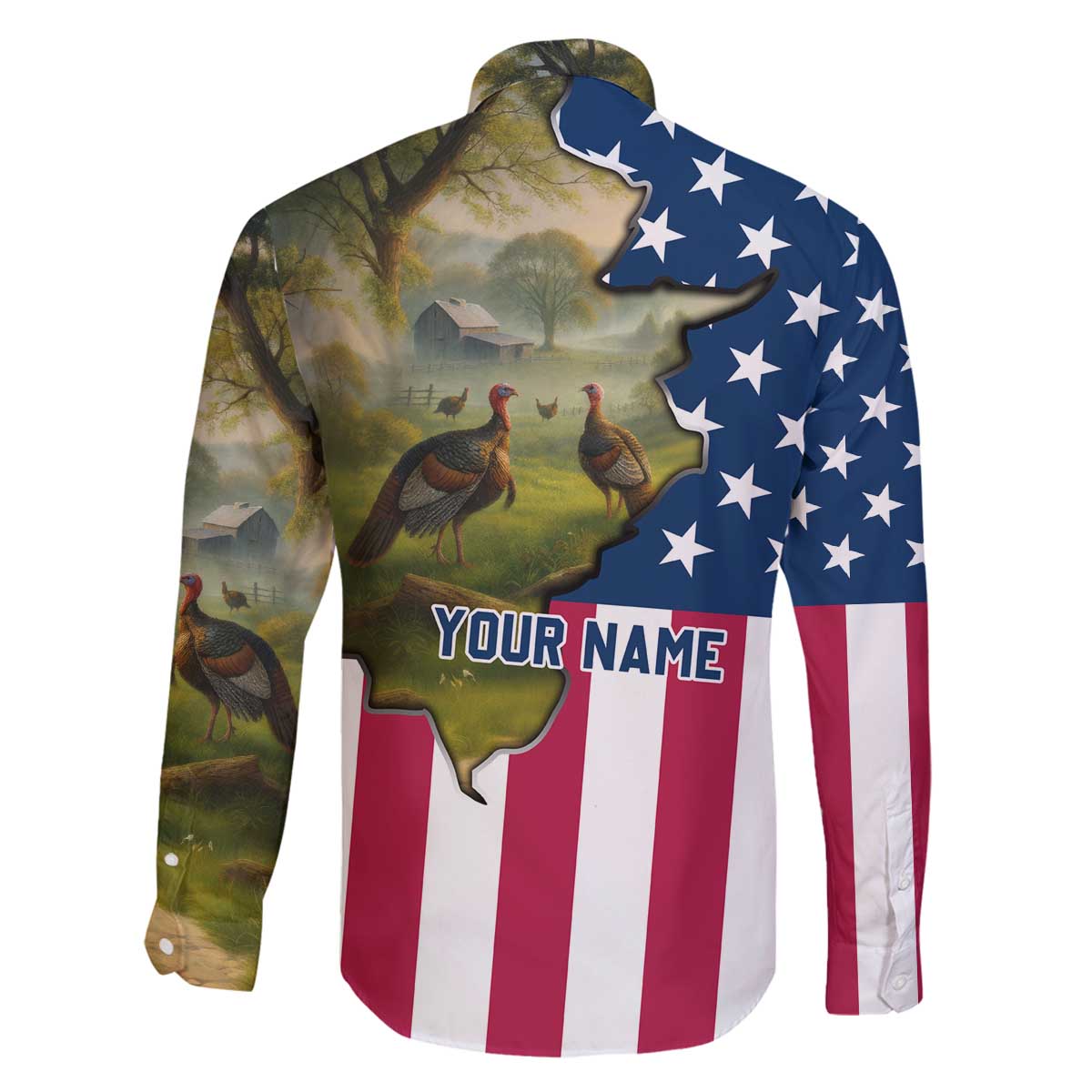 Custom American Flag Turkey Hunting Family Matching Off The Shoulder Long Sleeve Dress and Hawaiian Shirt with Illinois State Outline Country Farm Scene - Wonder Print Shop