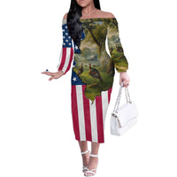 Custom American Flag Turkey Hunting Family Matching Off The Shoulder Long Sleeve Dress and Hawaiian Shirt with Illinois State Outline Country Farm Scene - Wonder Print Shop