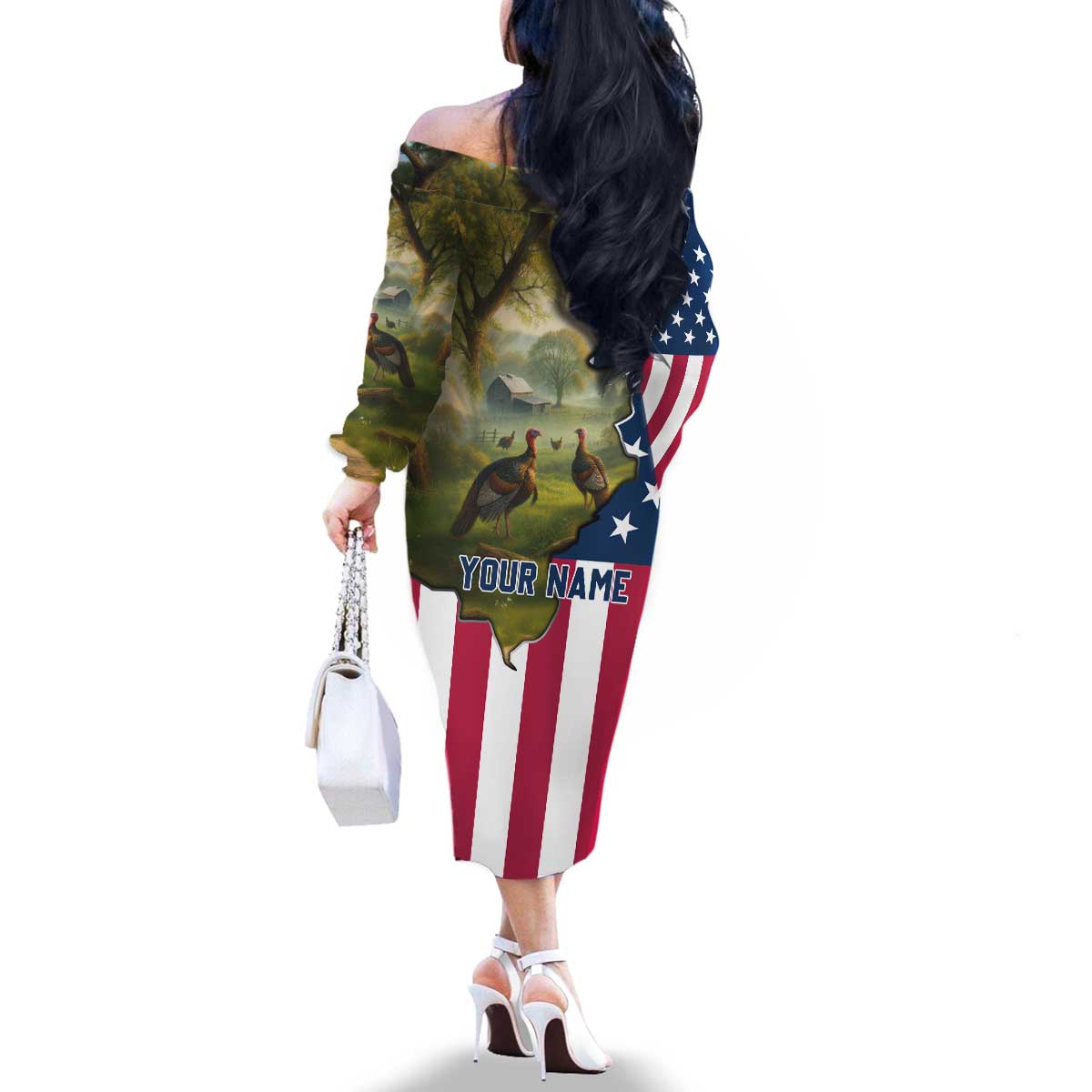 Custom American Flag Turkey Hunting Family Matching Off The Shoulder Long Sleeve Dress and Hawaiian Shirt with Illinois State Outline Country Farm Scene - Wonder Print Shop
