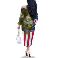 Custom American Flag Turkey Hunting Family Matching Off The Shoulder Long Sleeve Dress and Hawaiian Shirt with Illinois State Outline Country Farm Scene - Wonder Print Shop
