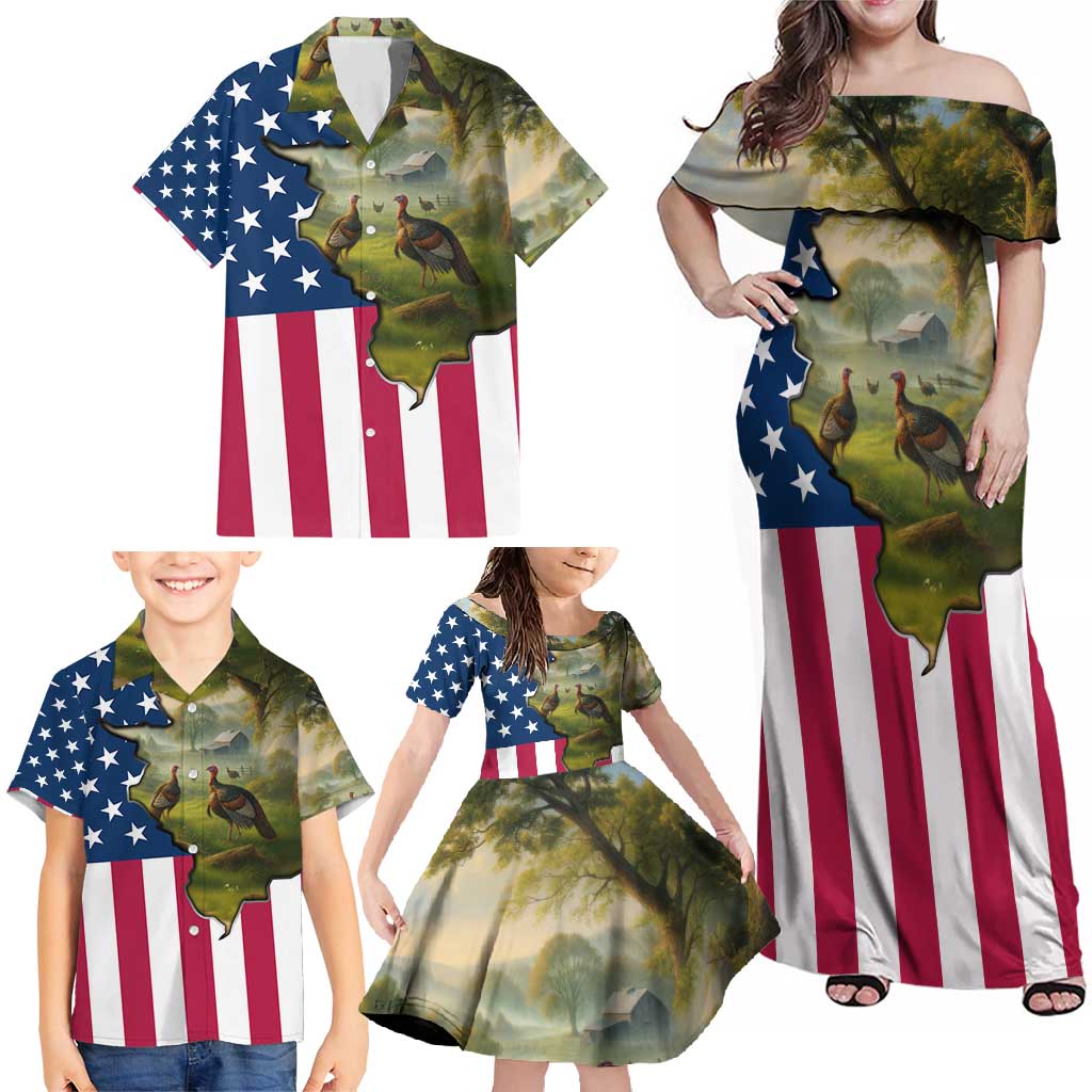 Custom American Flag Turkey Hunting Family Matching Off Shoulder Maxi Dress and Hawaiian Shirt with Illinois State Outline Country Farm Scene - Wonder Print Shop
