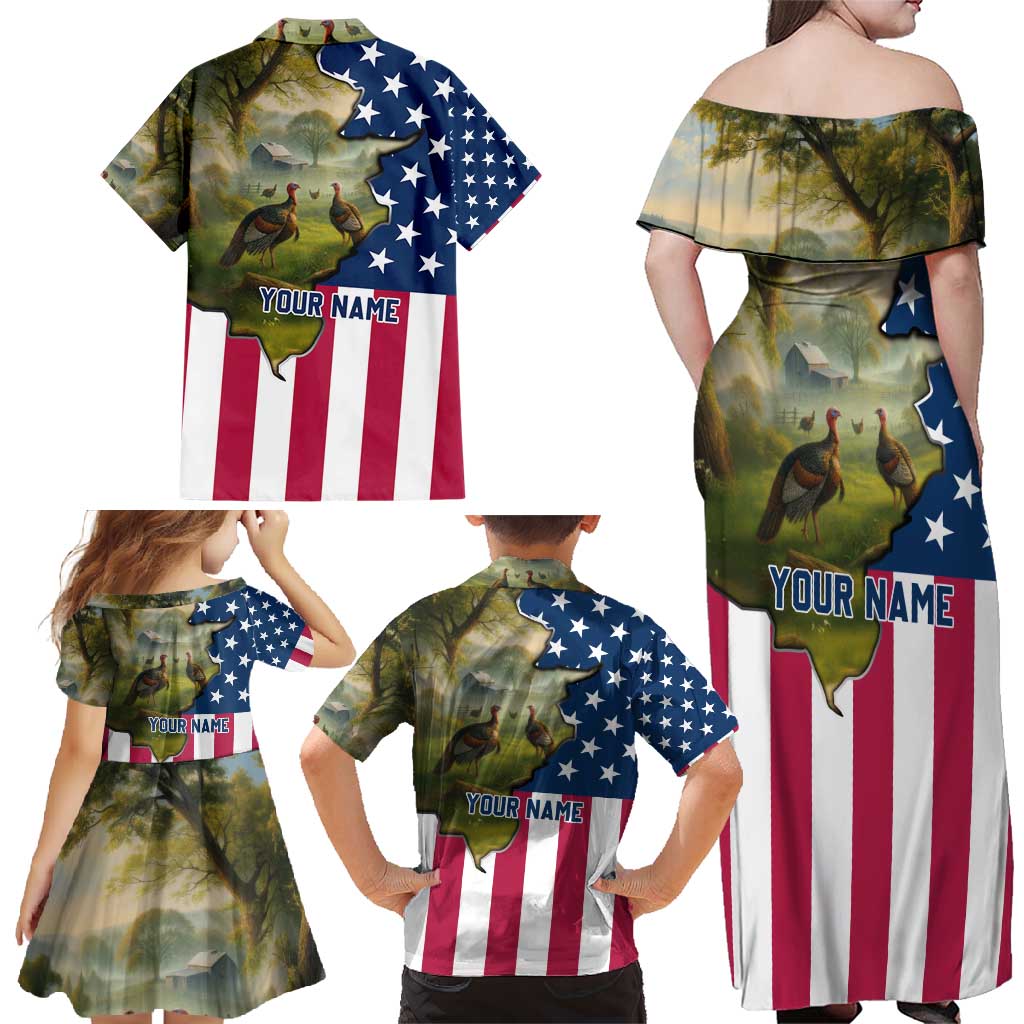 Custom American Flag Turkey Hunting Family Matching Off Shoulder Maxi Dress and Hawaiian Shirt with Illinois State Outline Country Farm Scene - Wonder Print Shop