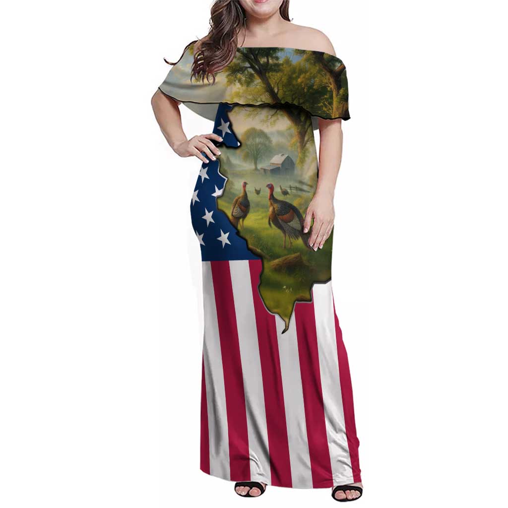 Custom American Flag Turkey Hunting Family Matching Off Shoulder Maxi Dress and Hawaiian Shirt with Illinois State Outline Country Farm Scene - Wonder Print Shop