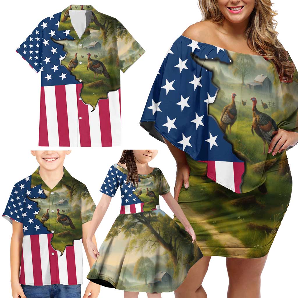 Custom American Flag Turkey Hunting Family Matching Off Shoulder Short Dress and Hawaiian Shirt with Illinois State Outline Country Farm Scene - Wonder Print Shop