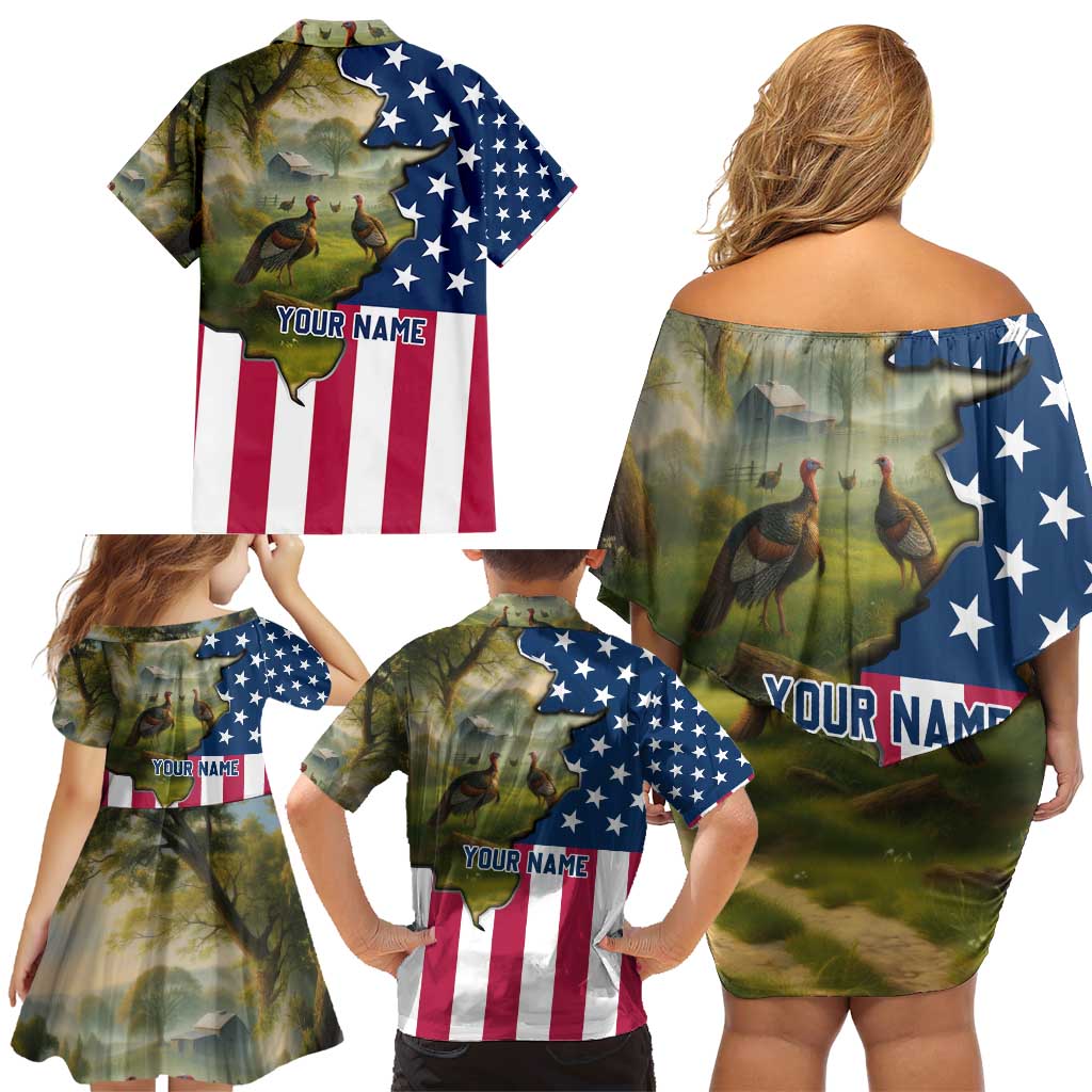 Custom American Flag Turkey Hunting Family Matching Off Shoulder Short Dress and Hawaiian Shirt with Illinois State Outline Country Farm Scene - Wonder Print Shop