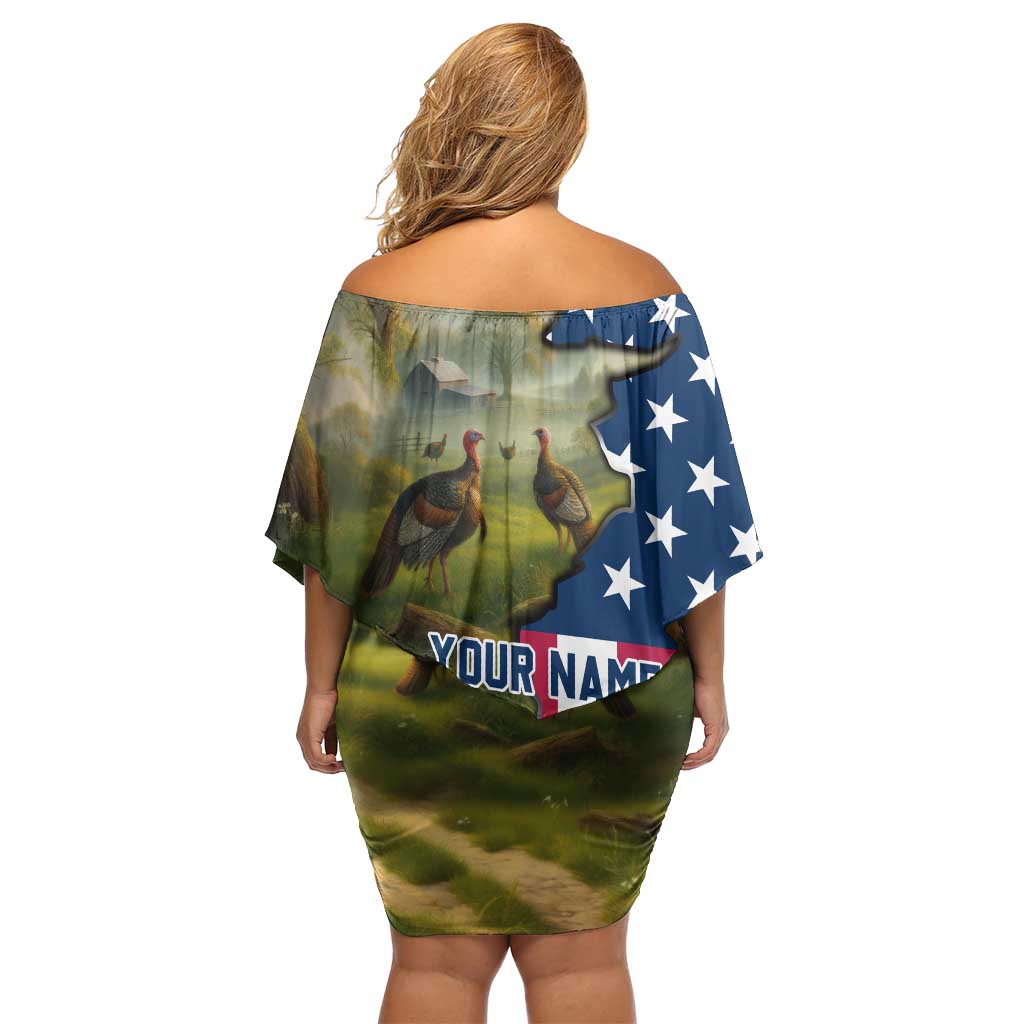 Custom American Flag Turkey Hunting Family Matching Off Shoulder Short Dress and Hawaiian Shirt with Illinois State Outline Country Farm Scene - Wonder Print Shop