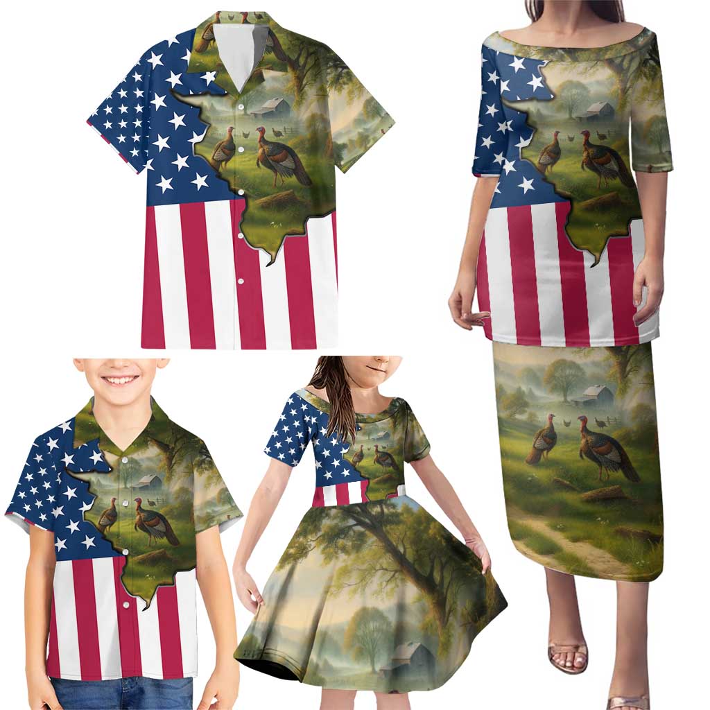 Custom American Flag Turkey Hunting Family Matching Puletasi and Hawaiian Shirt with Illinois State Outline Country Farm Scene - Wonder Print Shop