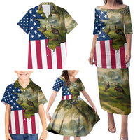 Custom American Flag Turkey Hunting Family Matching Puletasi and Hawaiian Shirt with Illinois State Outline Country Farm Scene - Wonder Print Shop