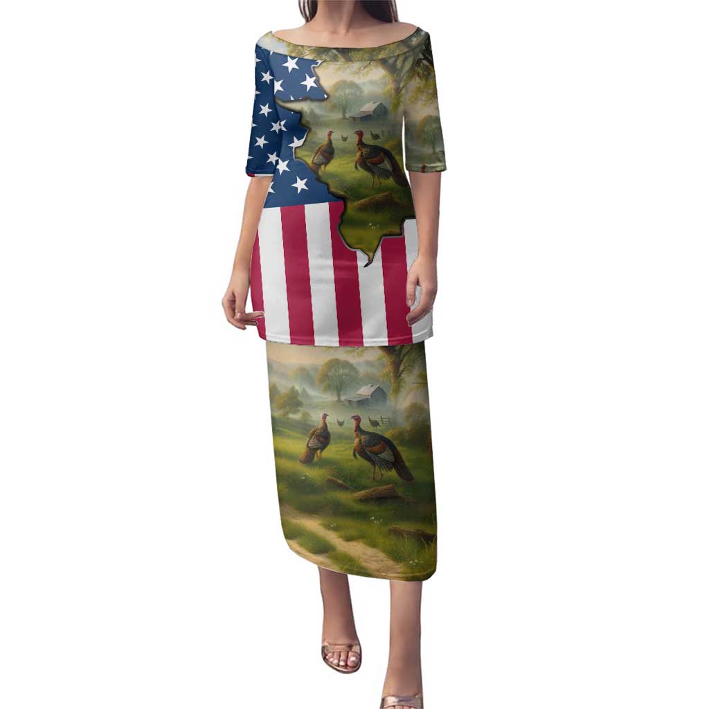 Custom American Flag Turkey Hunting Family Matching Puletasi and Hawaiian Shirt with Illinois State Outline Country Farm Scene - Wonder Print Shop