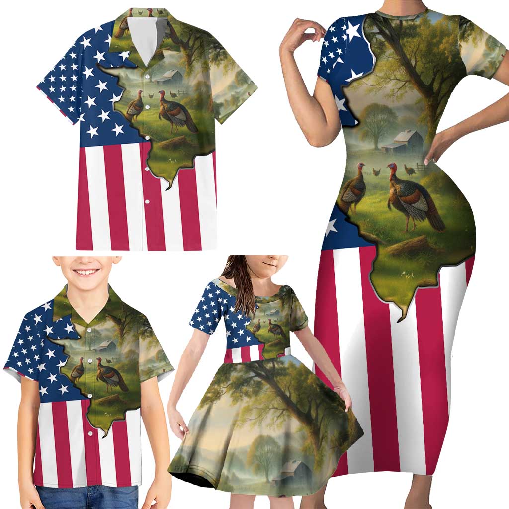 Custom American Flag Turkey Hunting Family Matching Short Sleeve Bodycon Dress and Hawaiian Shirt with Illinois State Outline Country Farm Scene - Wonder Print Shop
