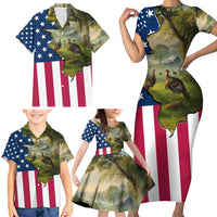 Custom American Flag Turkey Hunting Family Matching Short Sleeve Bodycon Dress and Hawaiian Shirt with Illinois State Outline Country Farm Scene - Wonder Print Shop