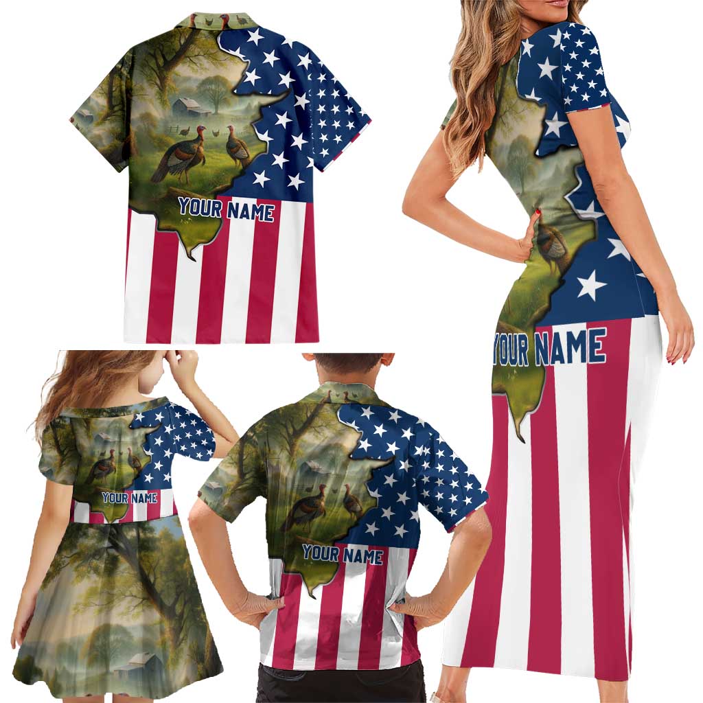 Custom American Flag Turkey Hunting Family Matching Short Sleeve Bodycon Dress and Hawaiian Shirt with Illinois State Outline Country Farm Scene - Wonder Print Shop