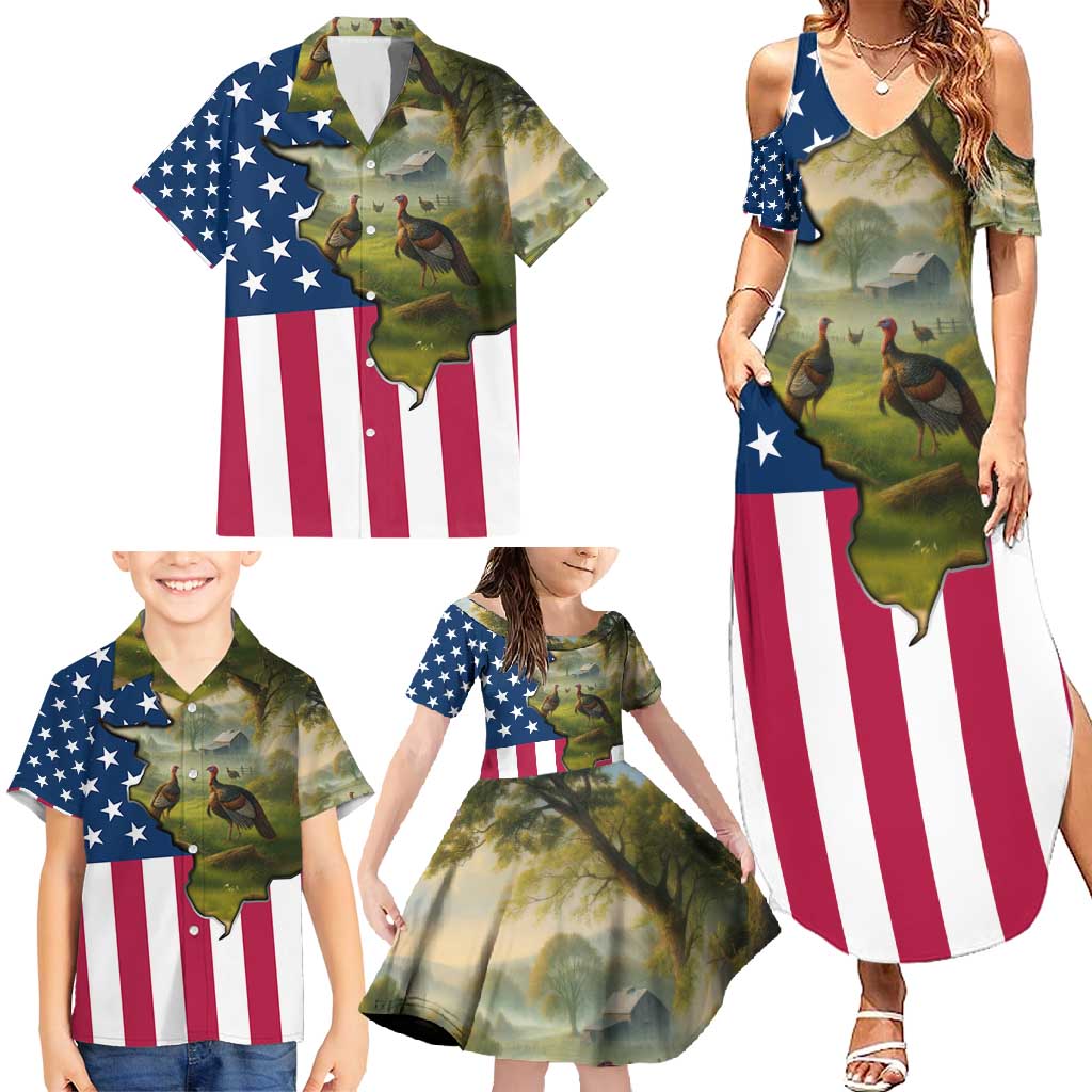 Custom American Flag Turkey Hunting Family Matching Summer Maxi Dress and Hawaiian Shirt with Illinois State Outline Country Farm Scene - Wonder Print Shop