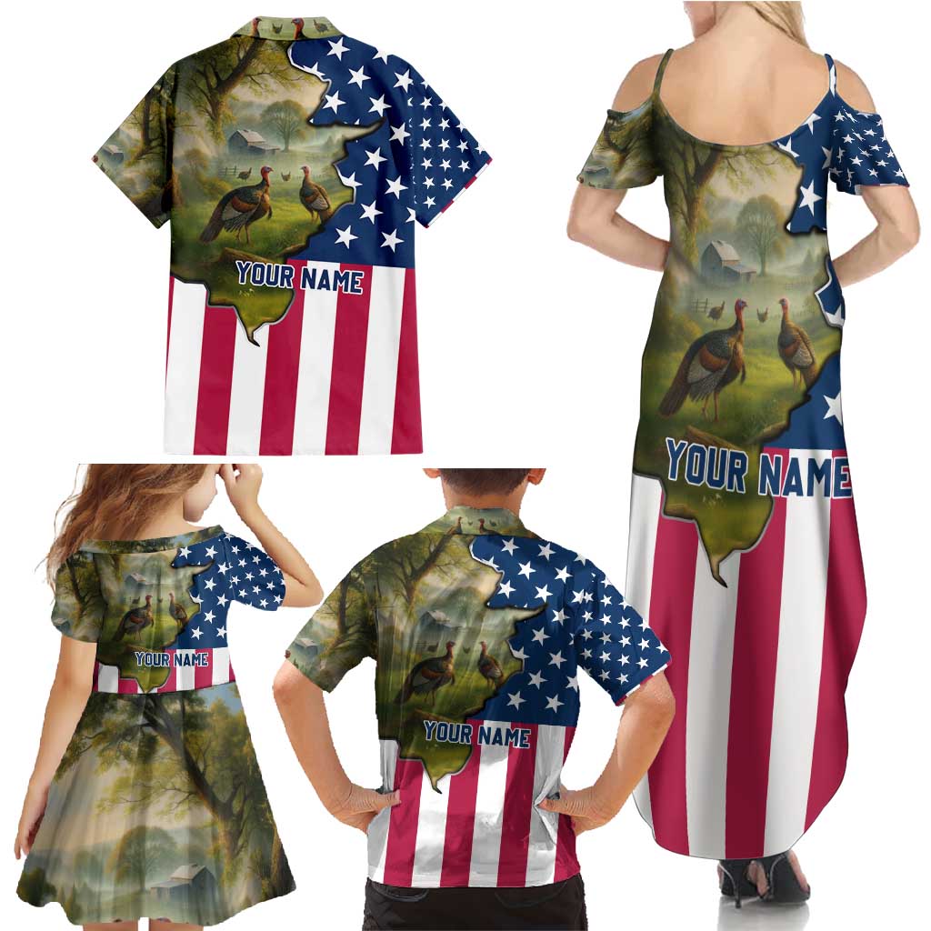 Custom American Flag Turkey Hunting Family Matching Summer Maxi Dress and Hawaiian Shirt with Illinois State Outline Country Farm Scene - Wonder Print Shop