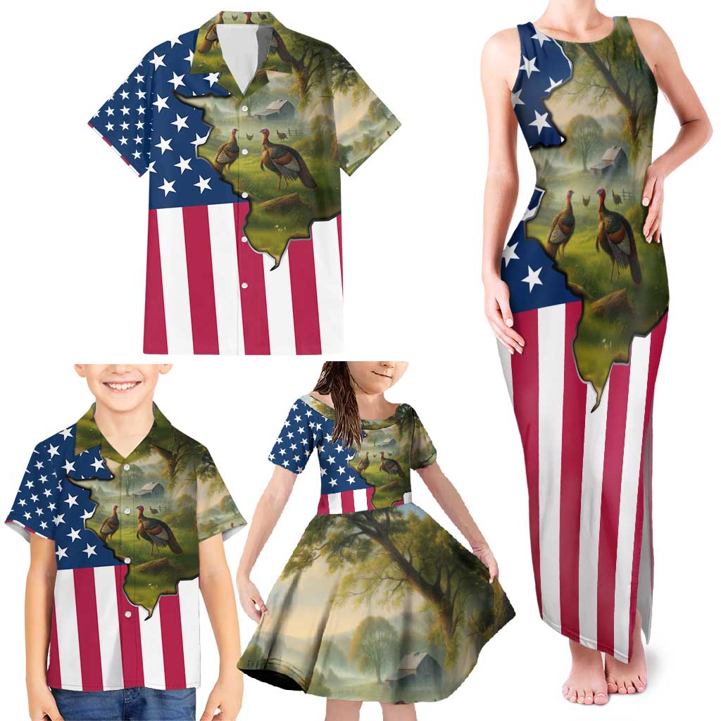 Custom American Flag Turkey Hunting Family Matching Tank Maxi Dress and Hawaiian Shirt with Illinois State Outline Country Farm Scene - Wonder Print Shop