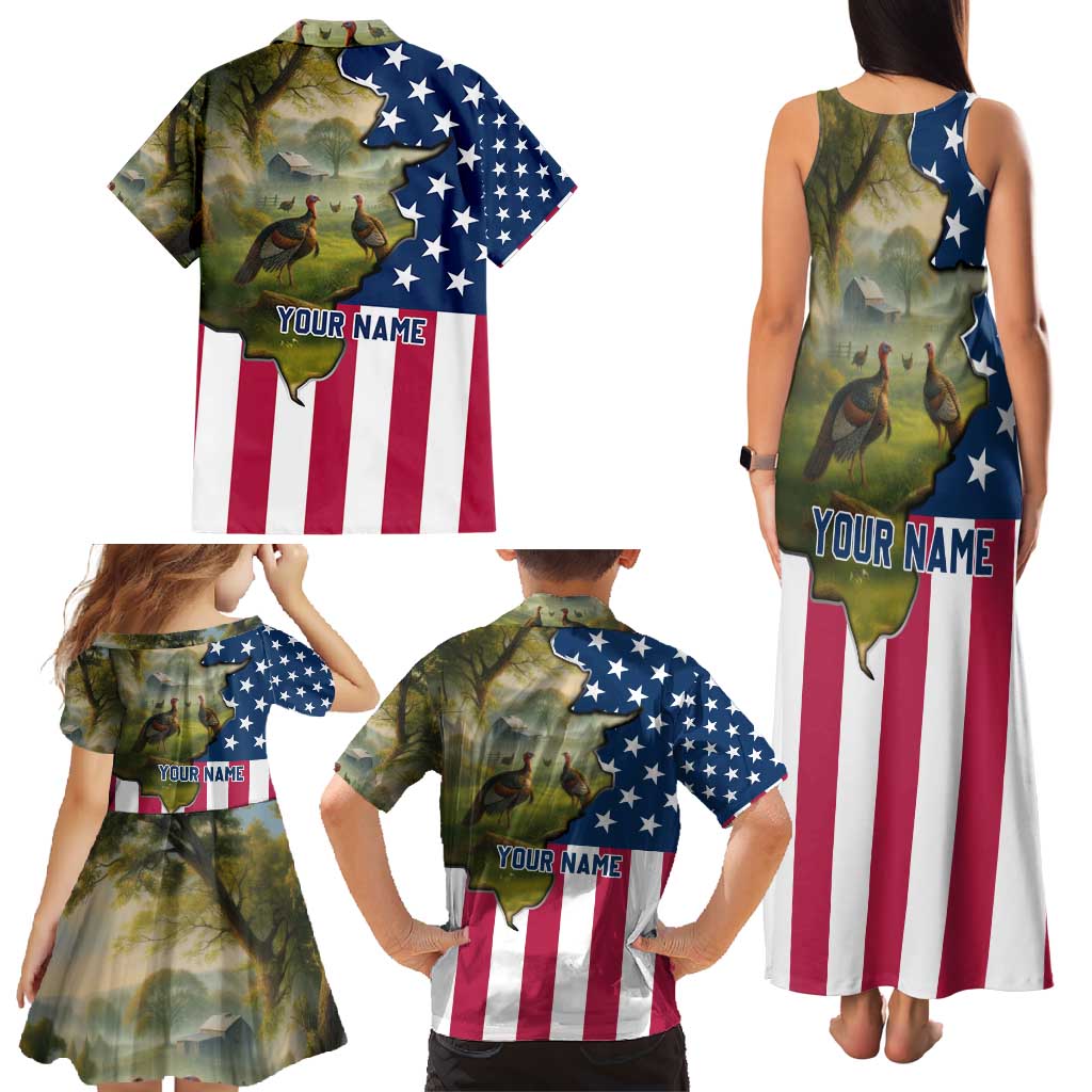 Custom American Flag Turkey Hunting Family Matching Tank Maxi Dress and Hawaiian Shirt with Illinois State Outline Country Farm Scene - Wonder Print Shop
