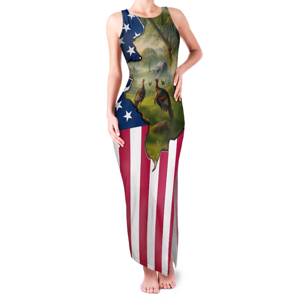 Custom American Flag Turkey Hunting Family Matching Tank Maxi Dress and Hawaiian Shirt with Illinois State Outline Country Farm Scene - Wonder Print Shop