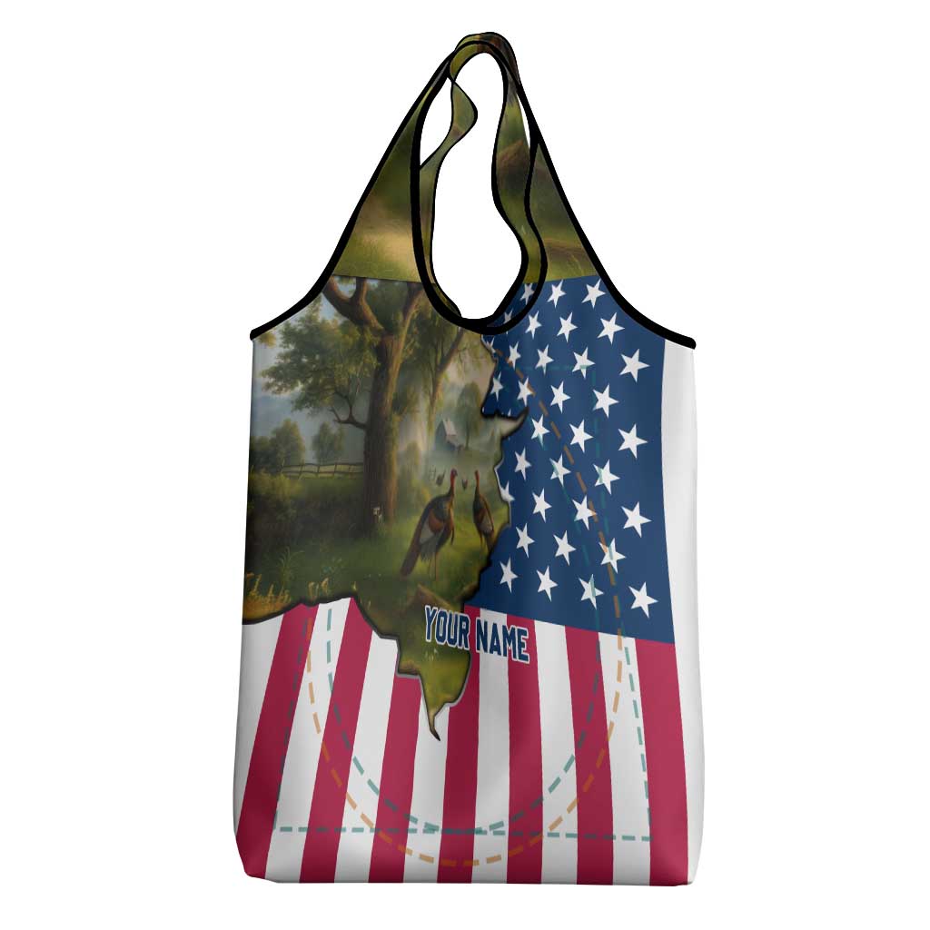 Custom American Flag Turkey Hunting Grocery Bag with Illinois State Outline Country Farm Scene - Wonder Print Shop