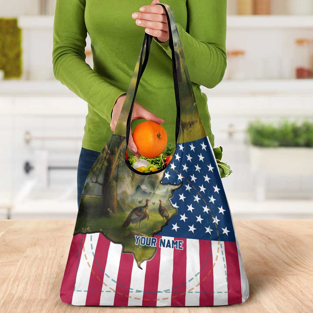 Custom American Flag Turkey Hunting Grocery Bag with Illinois State Outline Country Farm Scene - Wonder Print Shop