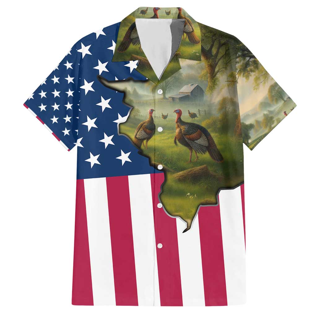 Custom American Flag Turkey Hunting Hawaiian Shirt with Illinois State Outline Country Farm Scene - Wonder Print Shop