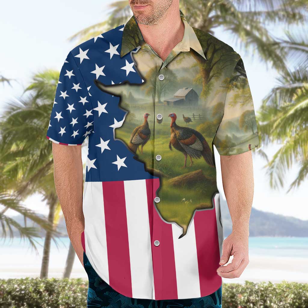 Custom American Flag Turkey Hunting Hawaiian Shirt with Illinois State Outline Country Farm Scene - Wonder Print Shop